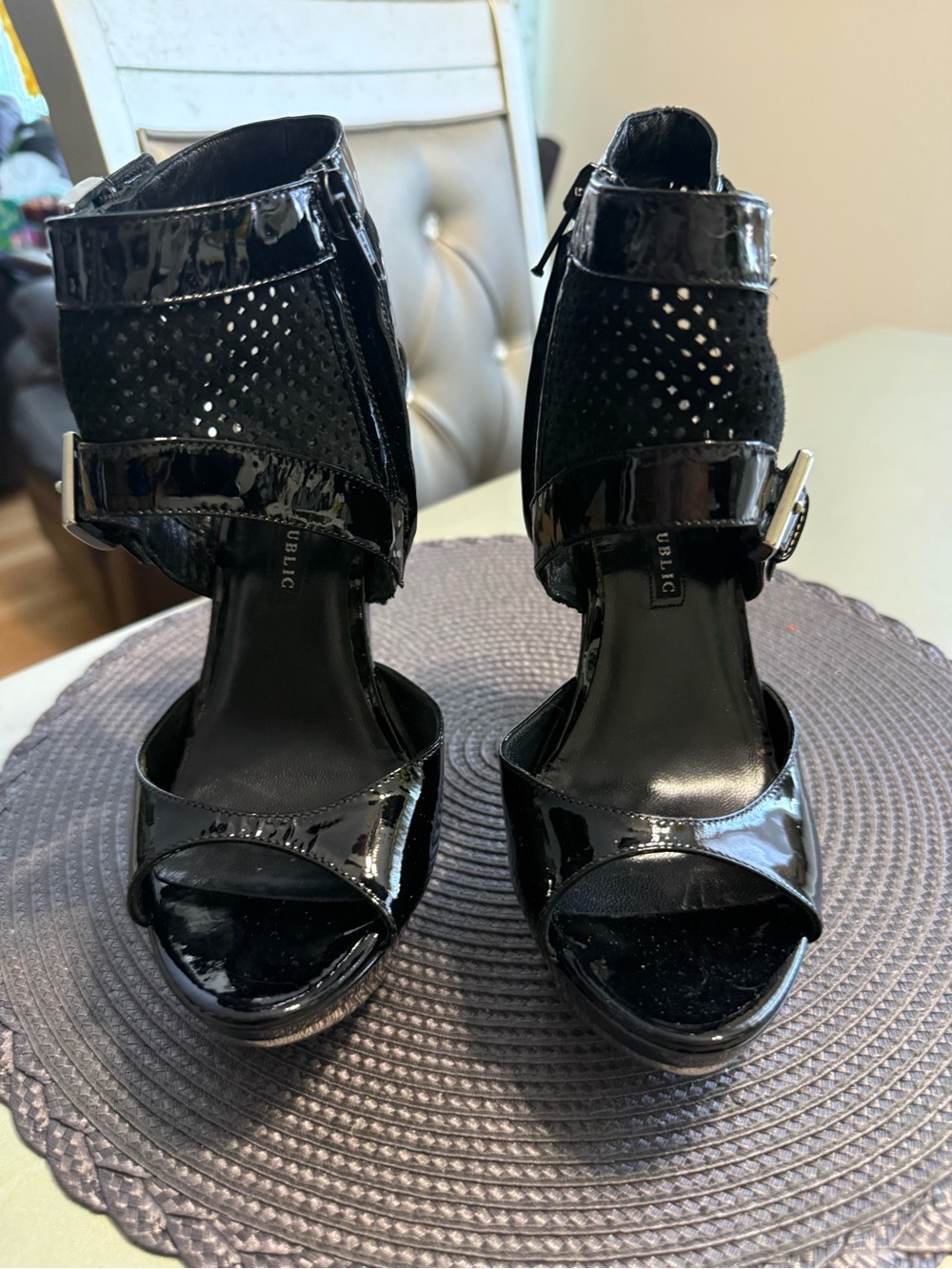 Rock & Republic Black Patent Peep-Toe Platform Heels with Ankle Cuff